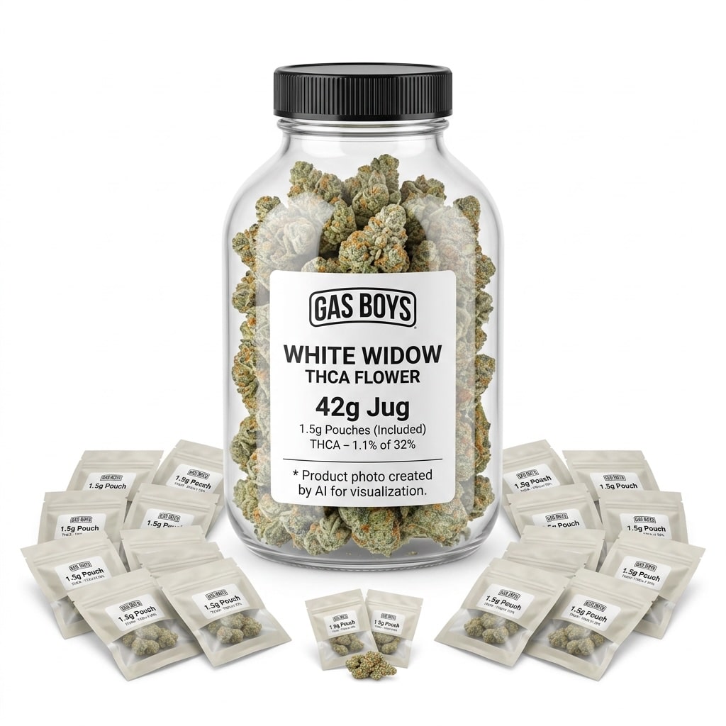 Gas Boys White Widow THCA Flower – 42g Jug with 1.5g Pouches