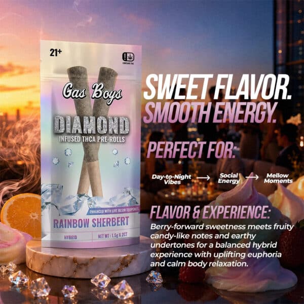 Gas Boys Diamond Infused Pre-rolls – Rainbow Sherbert Hybrid 1.5g 2ct