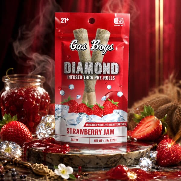 Gas Boys Strawberry Jam Diamond Infused Pre-rolls – 1.5g, 2ct Pouch