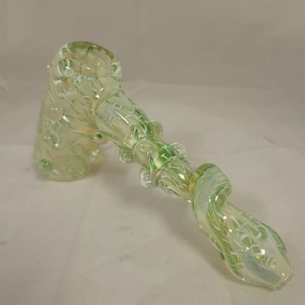 Fumed Glass Hammer Bubbler – Green & White Wig-Wag