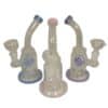 Bent neck glass water pipes in white with blue, pink, and purple color accents and included glass bowls