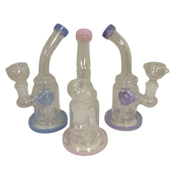 Bent neck glass water pipes in white with blue, pink, and purple color accents and included glass bowls